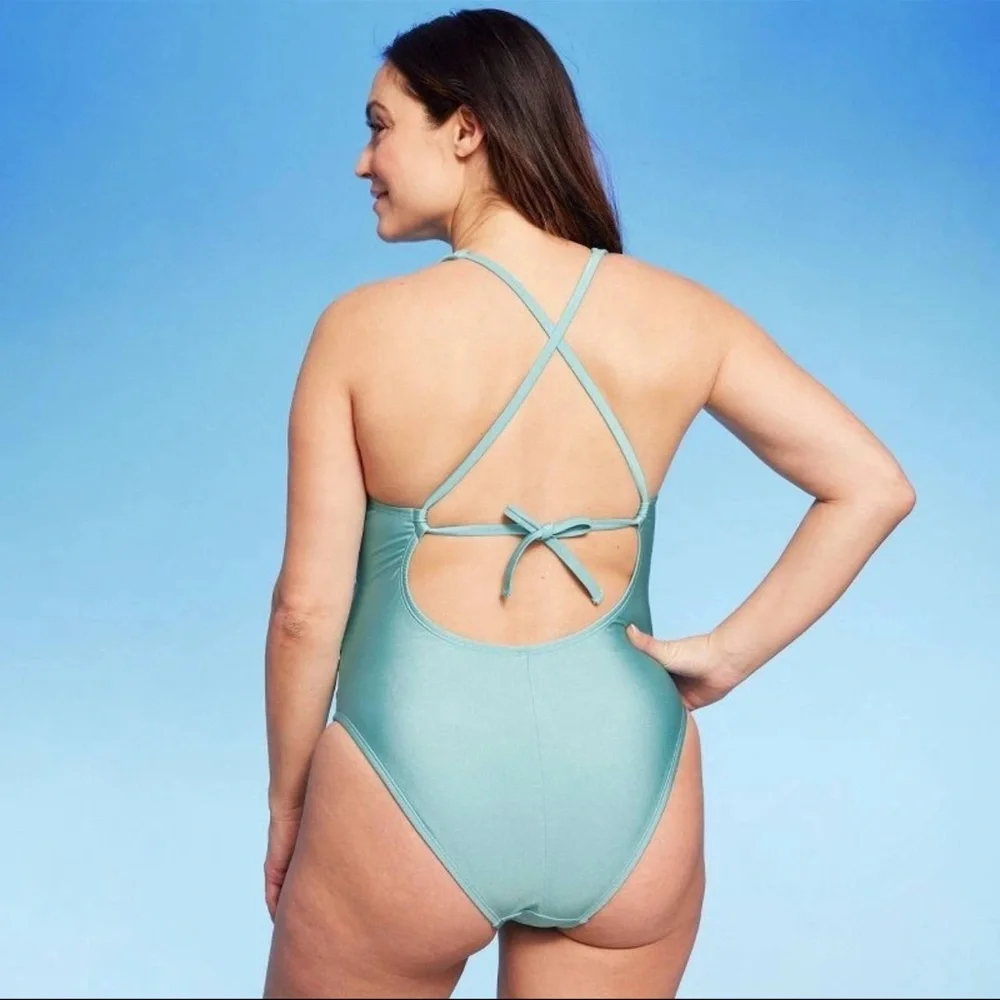Ingrid & Isabel Maternity‎ One Piece Swimsuit Swimwear Blue Shiny Cutout